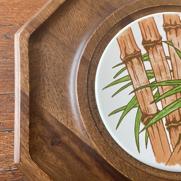 Asian inspired vintage wooded/ceramic cracker/cheese serving tray. - Picture 5 of 10